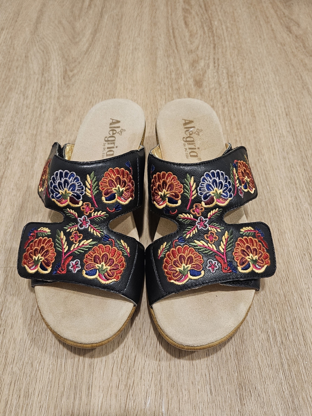 Alegria Black Embroidered Slide Sandals - Floral Design